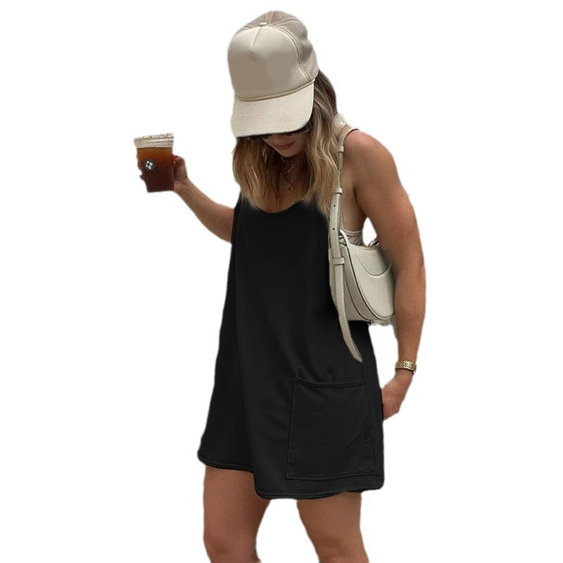 Damen ärmelloses Freizeitkleid mit Taschen und verstellbaren Trägern Drune