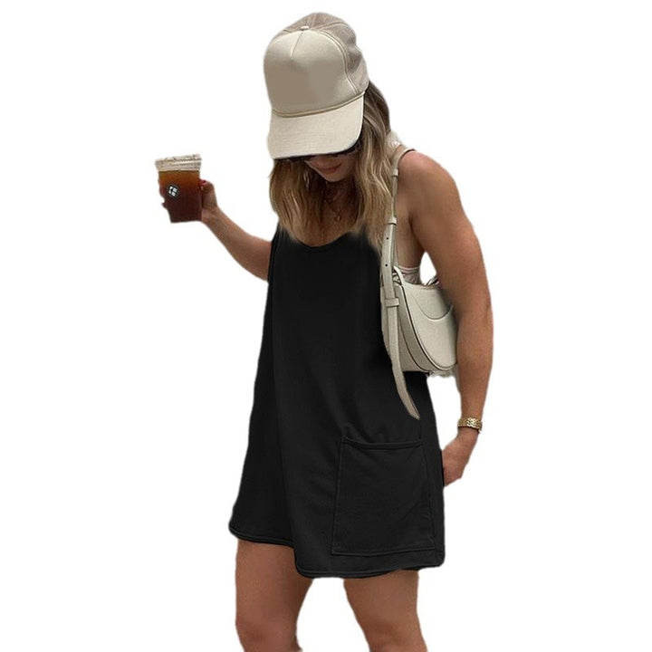 Damen ärmelloses Freizeitkleid mit Taschen und verstellbaren Trägern Drune