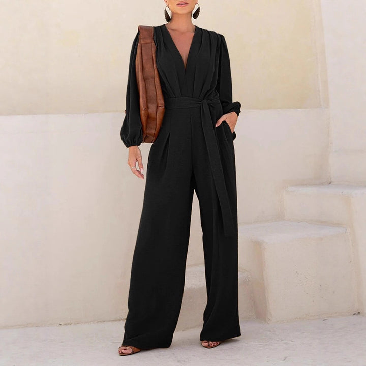 Damen Eleganter Palazzo-Jumpsuit mit tiefem V‑Ausschnitt, Bindegürtel und Ballonärmeln Drune