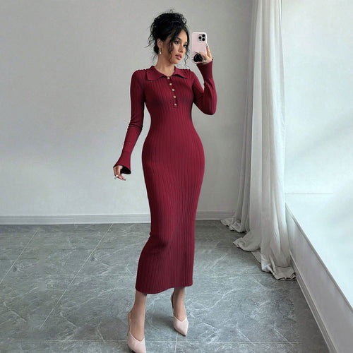 Damen figurbetontes Maxikleid mit Polokragen und Knopfleiste Drune