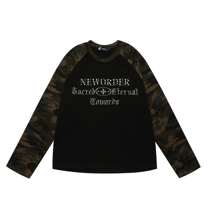 Damen Langarmshirt mit Camouflage‑Raglanärmeln und Strass‑Logoprint Drune