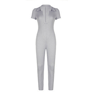 Damen Kurzarm Jumpsuit mit modernem Polokragen und figurbetontem Schnitt Drune