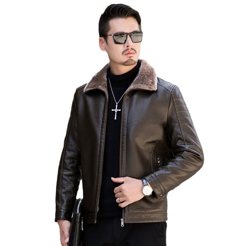 Herren Lederimitat-Übergangsjacke mit durchgehendem Teddyfutter und umlegbarem Kragen Drune