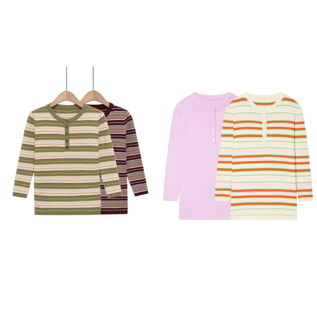 Damen Gestreiftes Rippstrick-Henleyshirt mit Knopfleiste und schmaler Passform Drune