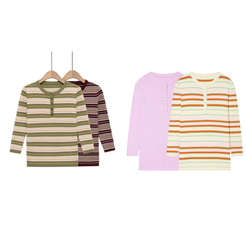 Damen Gestreiftes Rippstrick-Henleyshirt mit Knopfleiste und schmaler Passform Drune