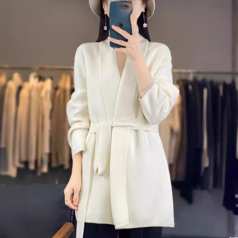 Damen modische lange Strickjacke mit Gürtel und lässigem Schnitt Drune