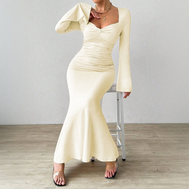 Damen Elegantes langärmliges Maxikleid mit tiefem V-Ausschnitt und schicker Raffung Drune
