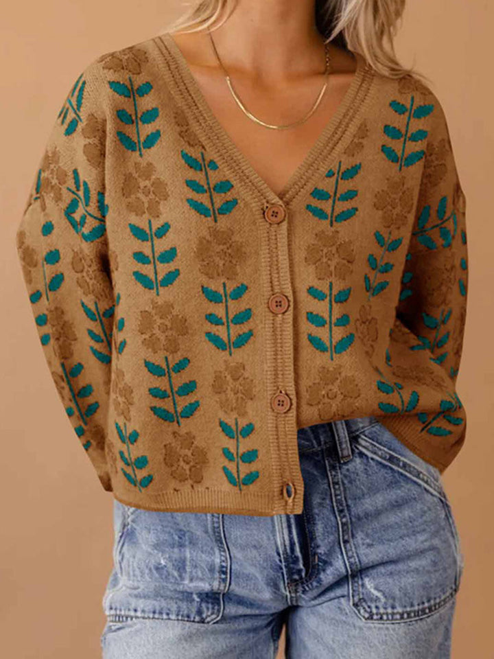 Damen Strickjacke mit floralem Design und Knopfdetails Drune