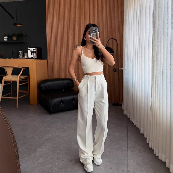 Damen hochgeschnittene Stoffhose mit geradem Bein Drune