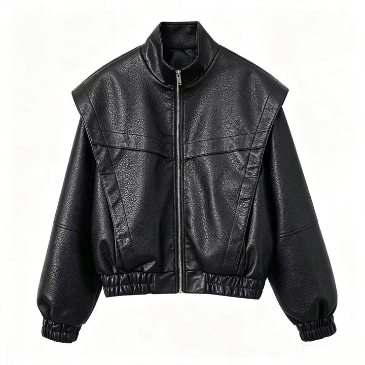 Damen Cropped Jacke im futuristischen Biker-Look aus veganer Lederoptik mit hohem Stehkragen und elastischem Saum Drune