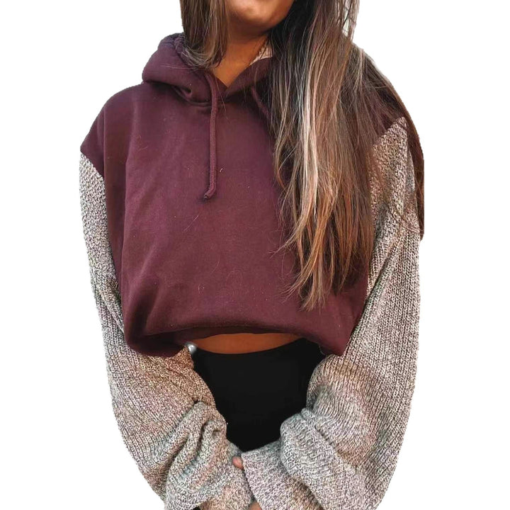 Damen nan Kapuzen-Cropped-Pullover mit weitgeschnittenen Strickärmeln und Kordelzug Drune