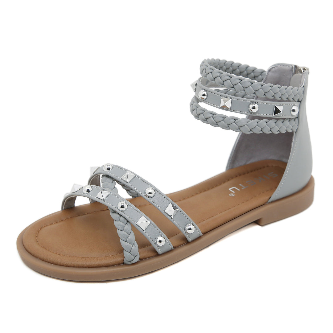 Damen Sandalen mit geflochtenen Riemen und modischen Nieten Drune