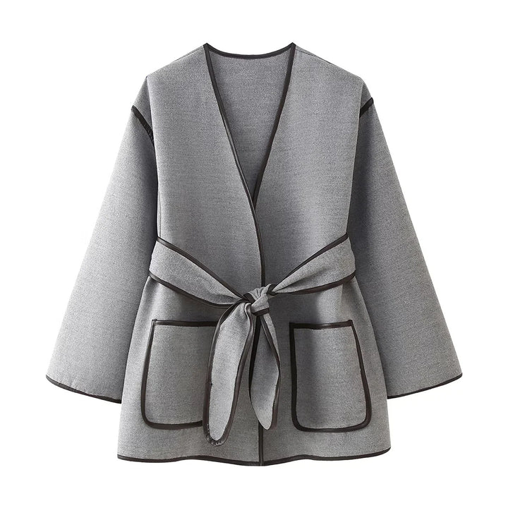 Damen nan Oversized Kimono-Wickelmantel mit Bindegürtel und Kontrastpaspel Drune