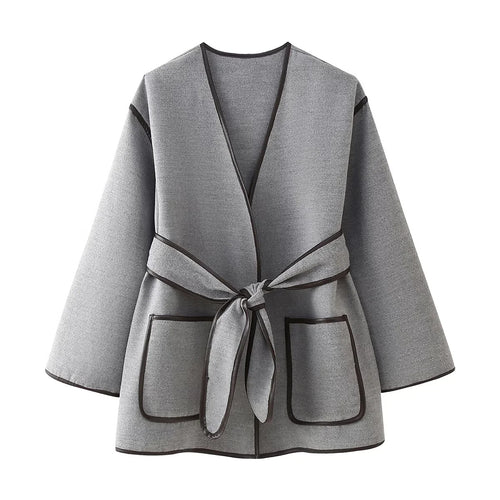 Damen nan Oversized Kimono-Wickelmantel mit Bindegürtel und Kontrastpaspel Drune