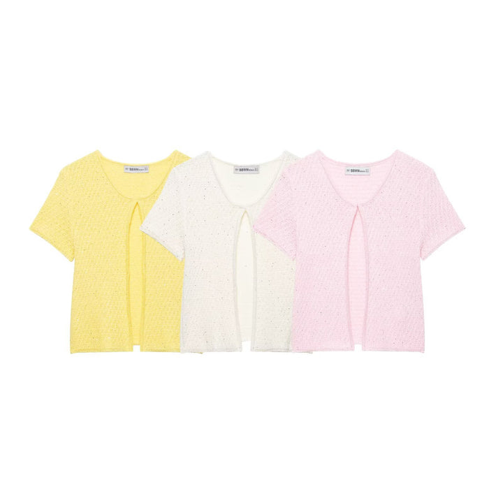 Damen Kurzärmelige Bouclé Strickjacke mit offenem Frontschlitz Drune