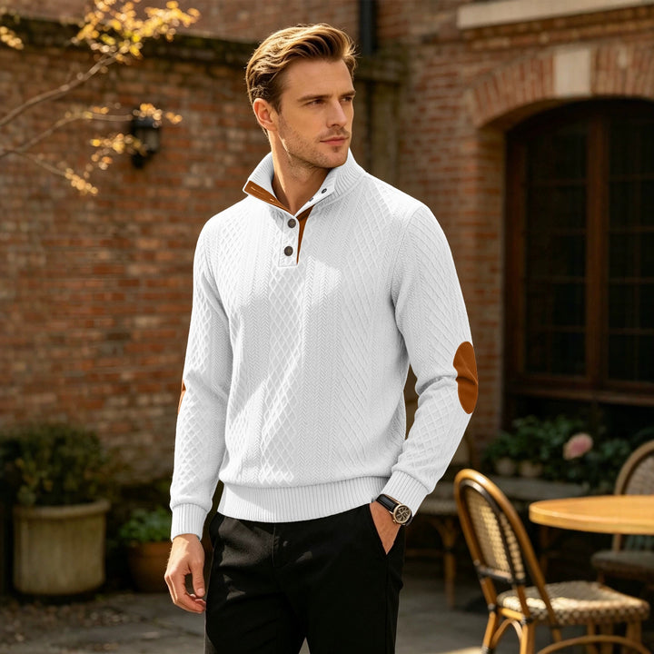 Herren Kabelstrick Troyer Pullover mit Stehkragen und Lederoptik-Ellbogen-Patches Drune