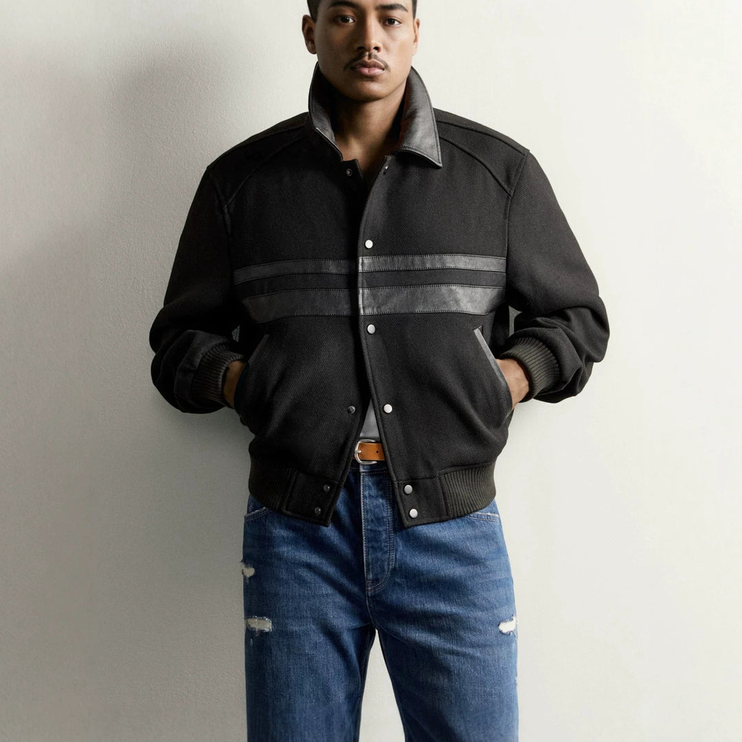 Herren Kurzblouson im Vintage-Bomberstil mit kontrastierendem Lederbesatz und Rippbündchen Drune