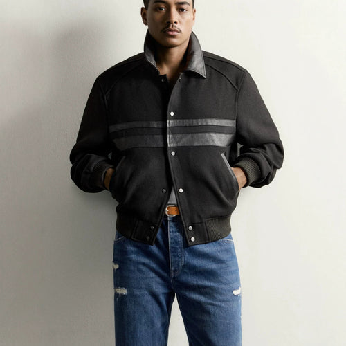 Herren Kurzblouson im Vintage-Bomberstil mit kontrastierendem Lederbesatz und Rippbündchen Drune