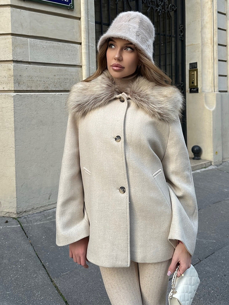 Damen Kurzmantel mit Webpelz-Schalkragen & kastiger Oversize-Silhouette Drune