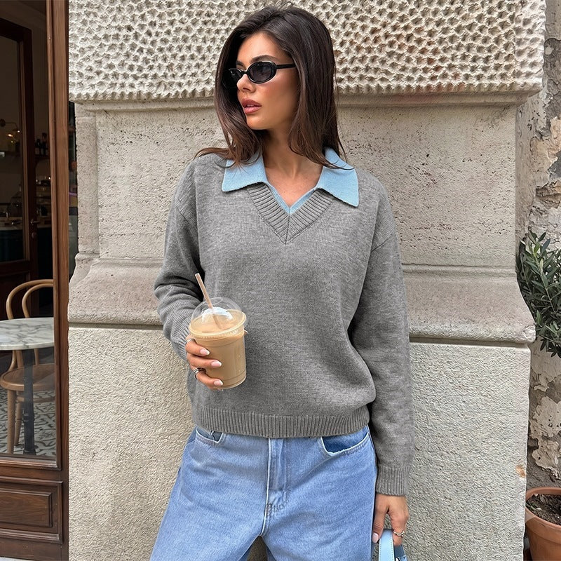 Damen Feinstrick-Polo-Pullover mit kontrastierendem Hemdkragen und V-Ausschnitt Drune