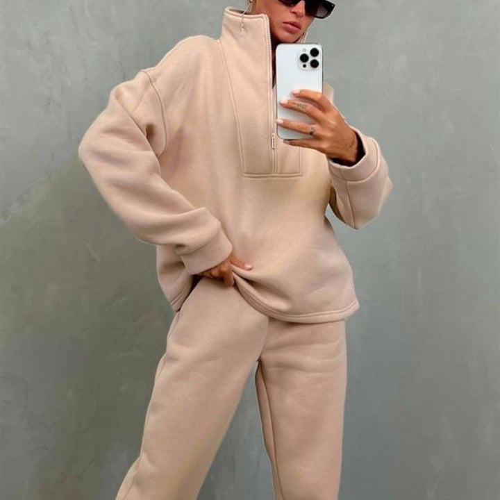 Damen Oversize-Halbzip-Lounge-Set aus schwerem French-Terry mit hohem Stehkragen Drune