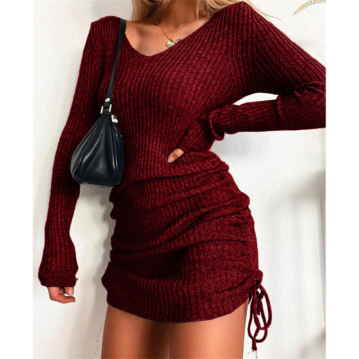 Damen Figurbetontes Rippstrick-Minikleid mit langen Ärmeln und seitlicher Raffung Drune