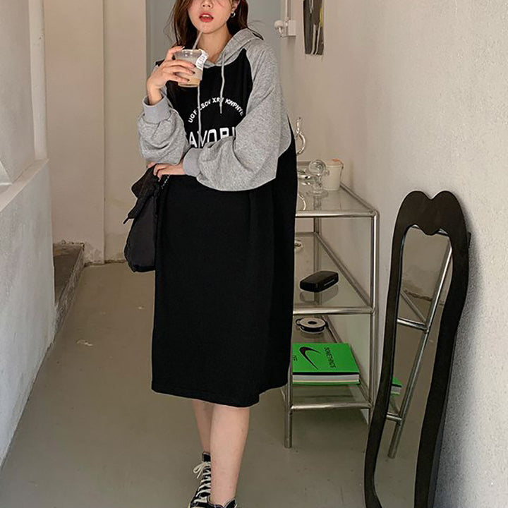 Damen Hoodie-Kleid im lässigen Oversized-Stil mit grafischem Druck und seitlichen Eingrifftaschen Drune