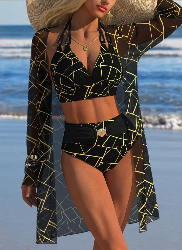 Damen Bikini-Set mit kreativem geometrischen Design und hohem Bund Drune