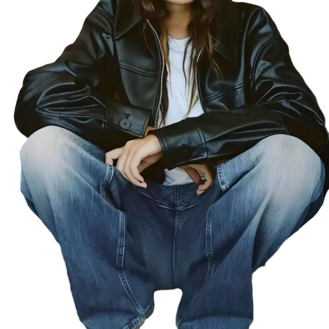 Damen Lässige Kunstlederjacke mit oversized Schnitt und eleganten Details Drune
