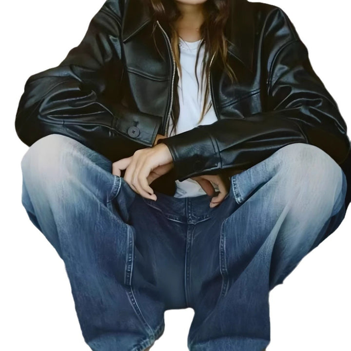 Damen Lässige Kunstlederjacke mit oversized Schnitt und eleganten Details Drune
