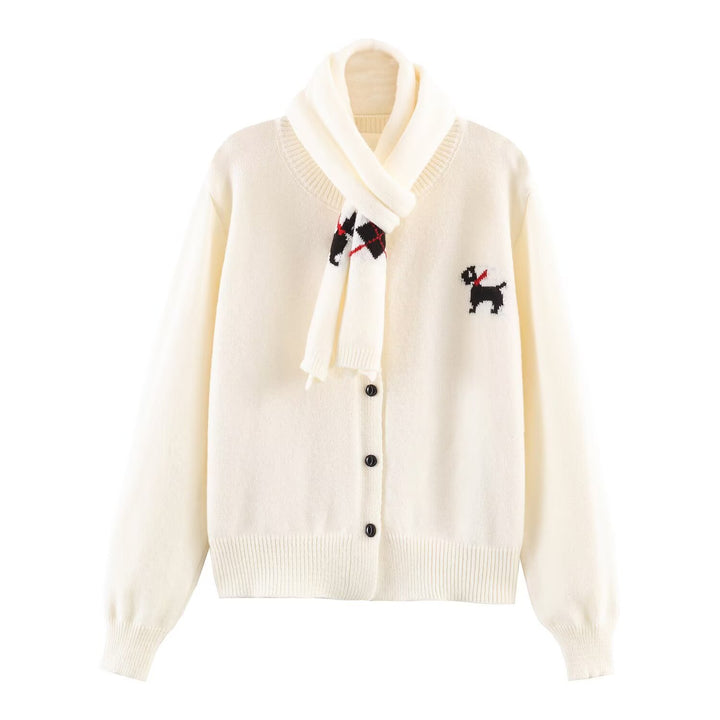 Damen Gestrickte Kurzjacke mit integriertem Schal und Hundeintarsie Drune