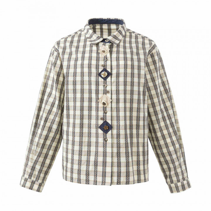 Damen Kastige Hemdjacke mit geometrischem Karomuster und dekorativer Knopfleiste Drune