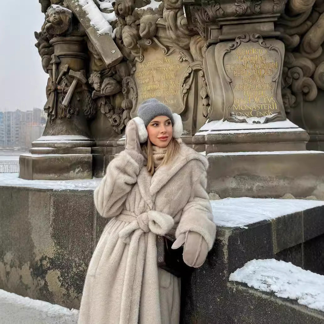 Damen Langer Teddy-Kunstfellmantel mit Bindegürtel und Oversize-Silhouette Drune