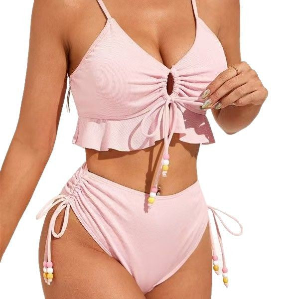 Damen Hochgeschnittenes Rüschen-Bikini-Set mit verstellbaren Bändern Drune