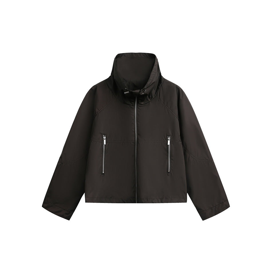 Damen Leichte Cropped Übergangsjacke mit hohem Stehkragen und Reißverschlusstaschen Drune