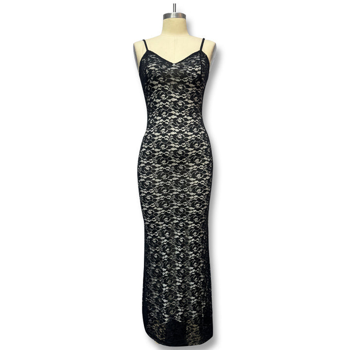 Damen Elegantes Maxikleid mit feiner Spitze und V-Ausschnitt Drune