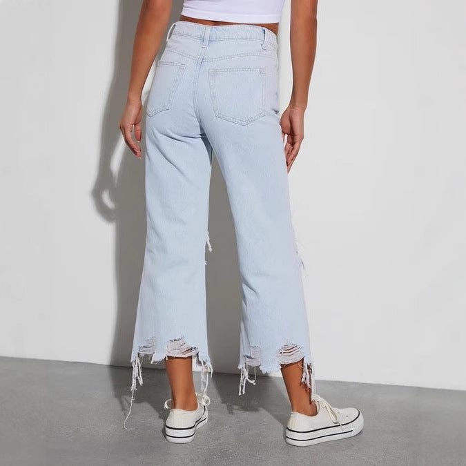 Damen Mom Jeans mit ausgefranstem Saum und Rippen-Details Drune