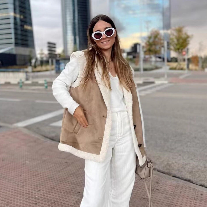 Damen warme Fleece-Weste mit klassischem Kragen und praktischen Taschen Drune