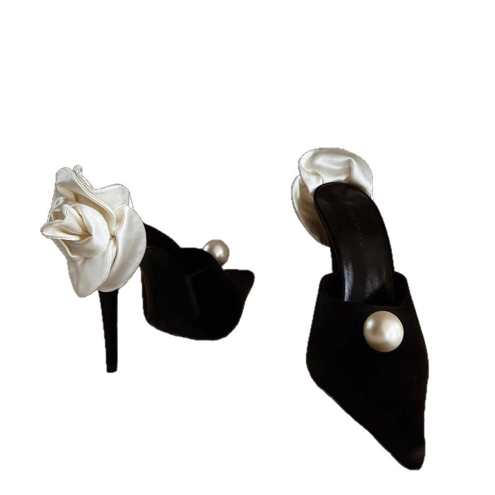 Damen spitze Satin-Flower Stiletto-Mules mit Perlenapplikation Drune