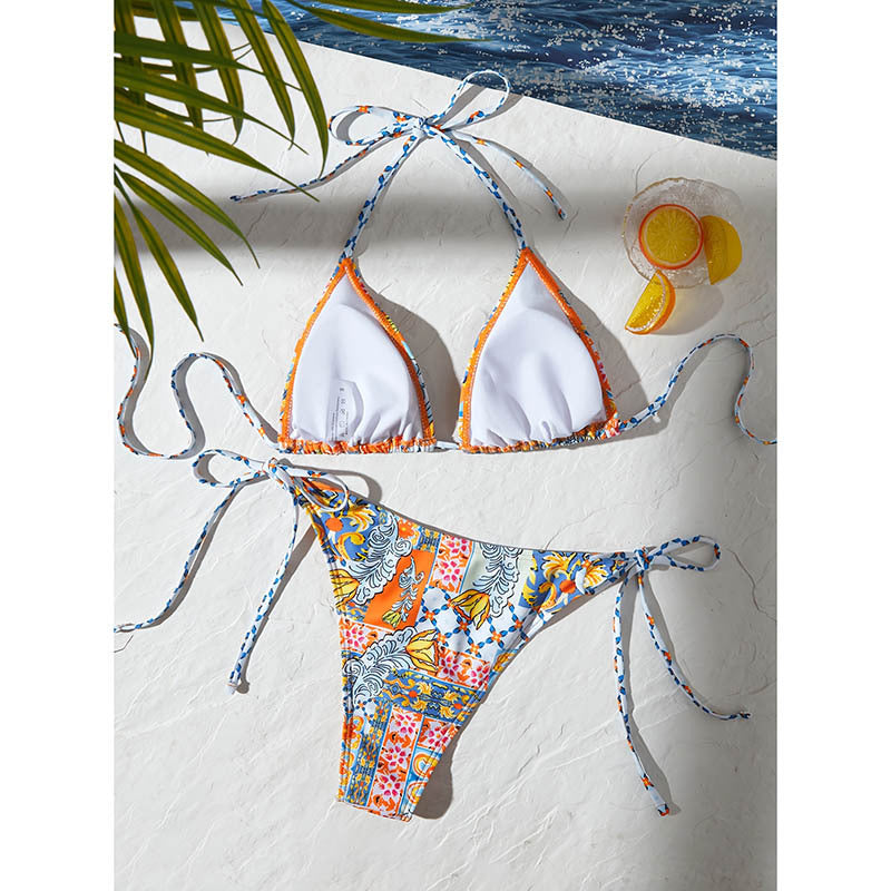 Damen Triangel-Bikini-Set mit verspielt floralem Muster und verstellbaren Bindebändern Drune