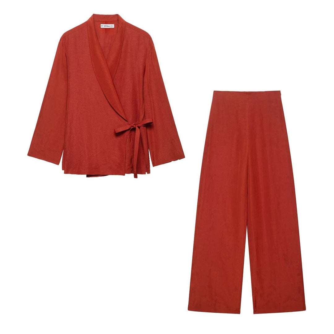 Damen Wickel-Kimono-Set mit Taillenband und weiter Palazzo-Hose Drune