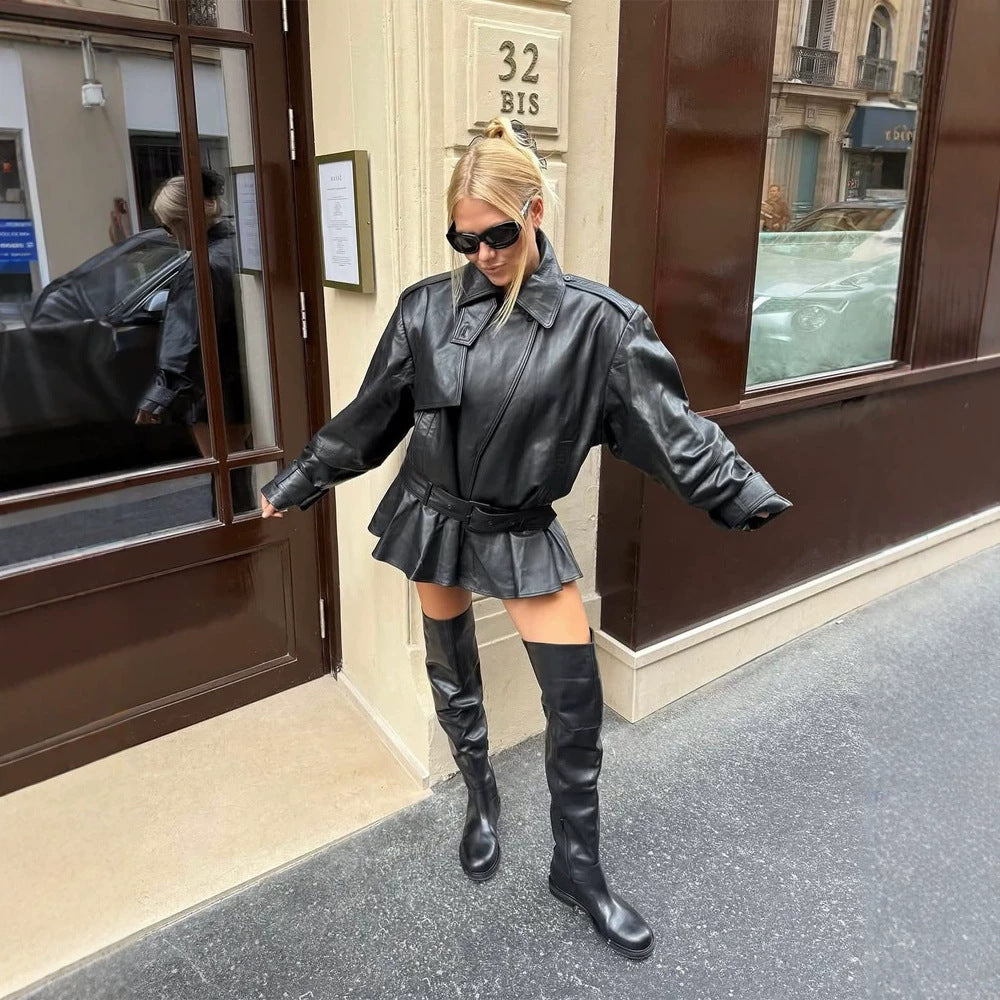 Damen Oversize-Lederjacke mit taillierendem Bindegürtel und Volant-Saum Drune