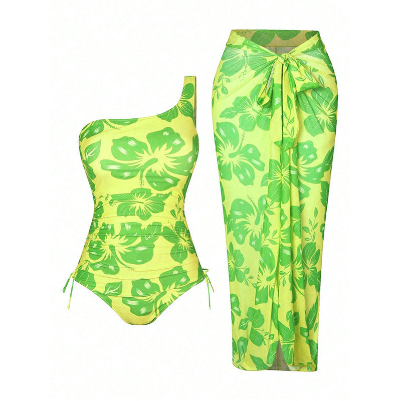 Damen Einseitiger Badeanzug mit floralem Design und passendem Sarong Drune