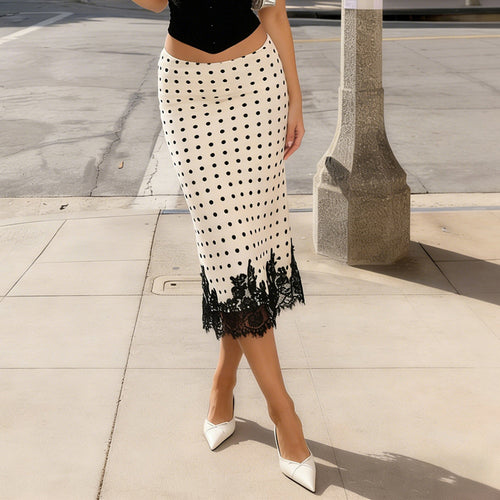 Damen Taillierter A‑Linien Midirock mit Polka‑Dot Print und Spitzenbordüre Drune