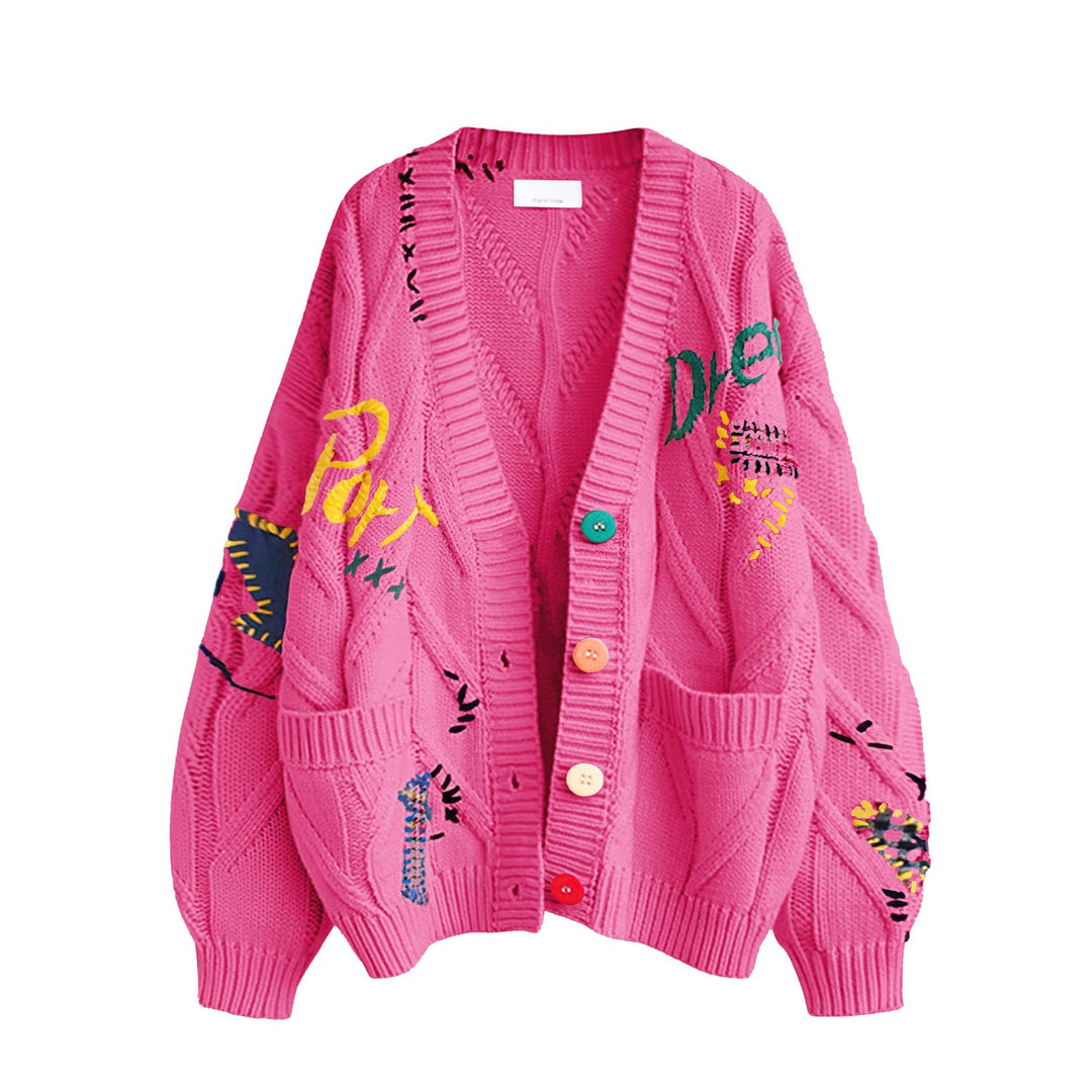 Damen Stylischer Strickcardigan mit bunten Knöpfen und aufwendigem Design