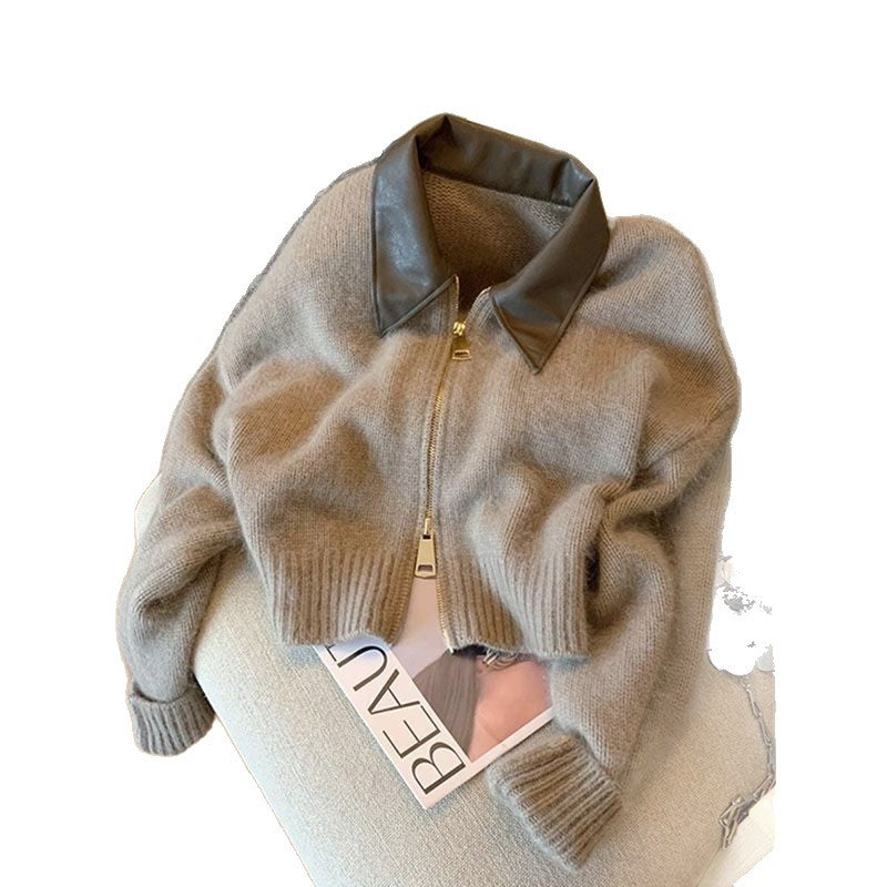 Damen Strickjacke mit Lederkragen Drune