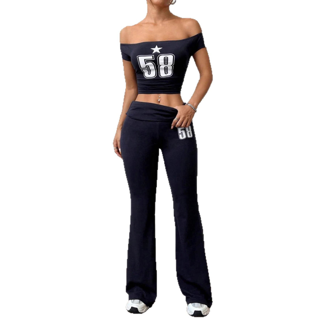 Damen Off-Shoulder Crop-Top und weite Hose Set Drune