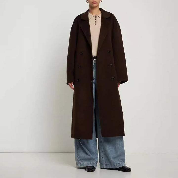 Damen Oversize Zweireihiger Longcoat mit fallender Schultersilhouette und goldenen Zierknöpfen Drune