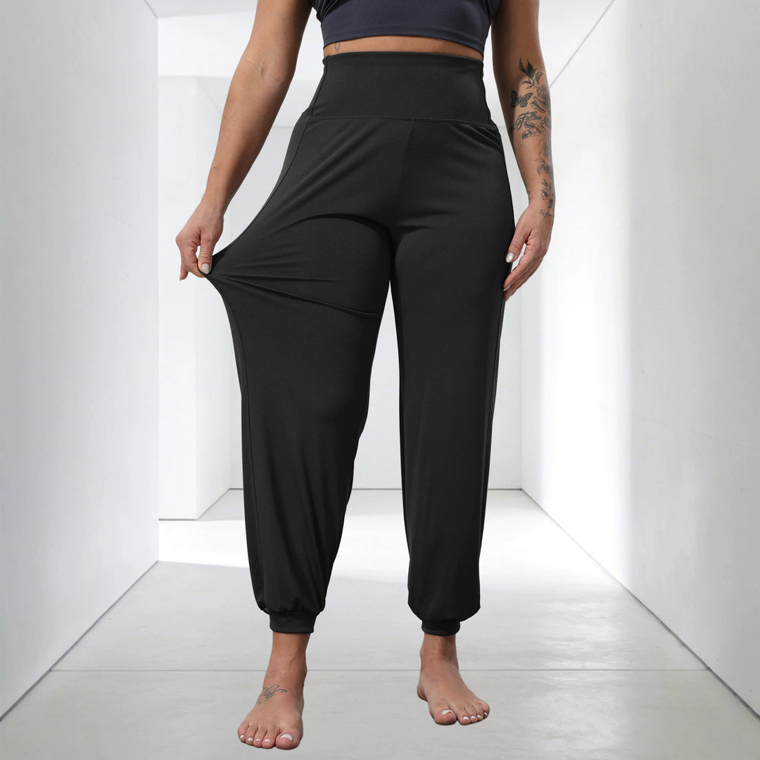 Damen weiche High-Waist Relax-Hose mit weitem Bein, elastischem Komfortbund und gekräuseltem Knöchelabschluss Drune