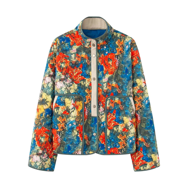 Damen nan gesteppte Aquarell-Blousonjacke mit Cordbesatz Stehkragen und aufgesetzten Taschen Drune